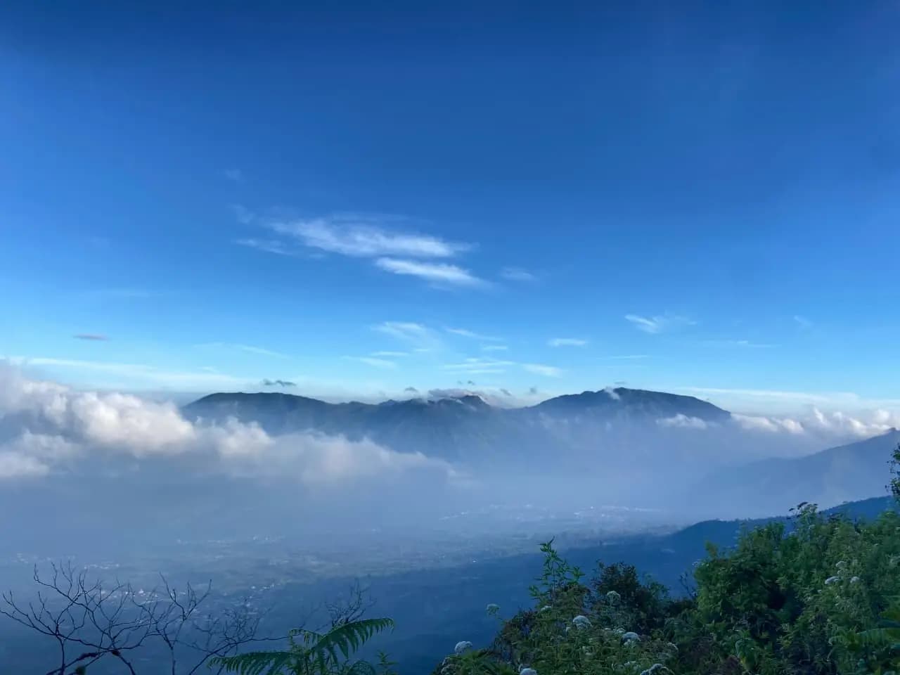 Deretan pegunungan Dieng di atas lautan awan dan lembah berkabut, dilihat pagi hari dari jalur pendakian Gunung Kembang