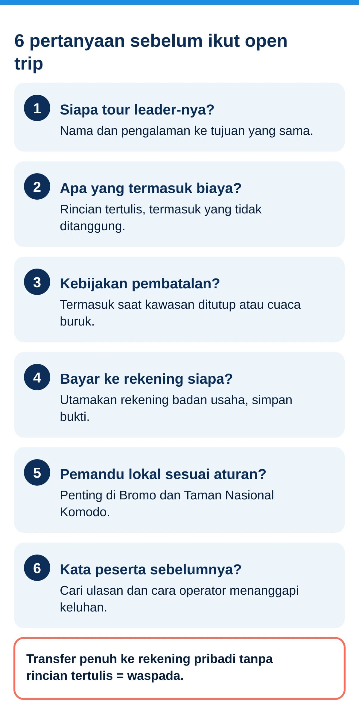 Infografis enam pertanyaan untuk menilai tour leader dan operator sebelum ikut open trip
