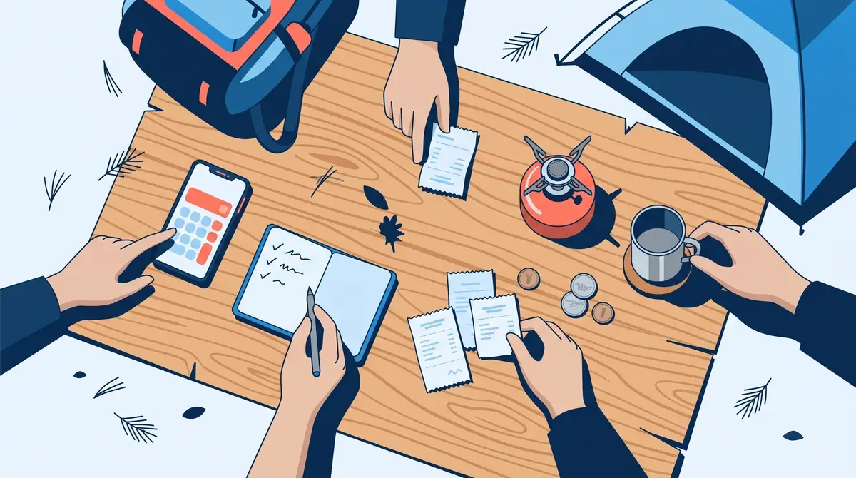 Ilustrasi split bill saat trip: tangan menghitung struk, kalkulator di ponsel, dan buku catatan di dekat tenda dan kompor