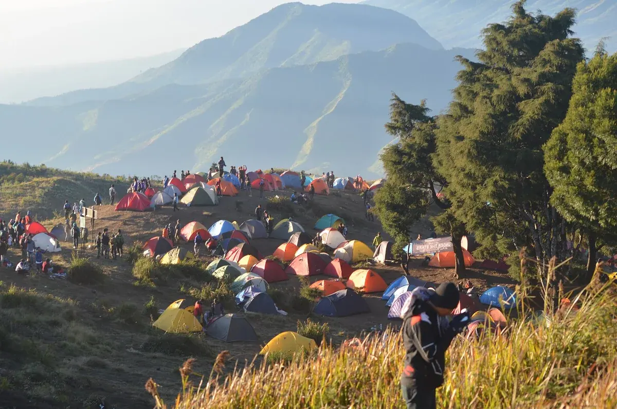 Puluhan tenda berwarna di area kemah puncak Gunung Prau saat ramai, dengan punggungan pegunungan di latar belakang