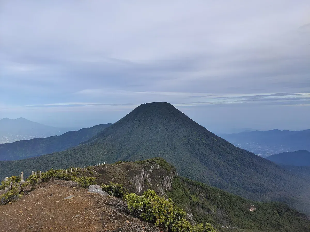 Kerucut Gunung Pangrango berhutan lebat dilihat dari puncak Gunung Gede dengan pagar tiang beton di tepi jalur